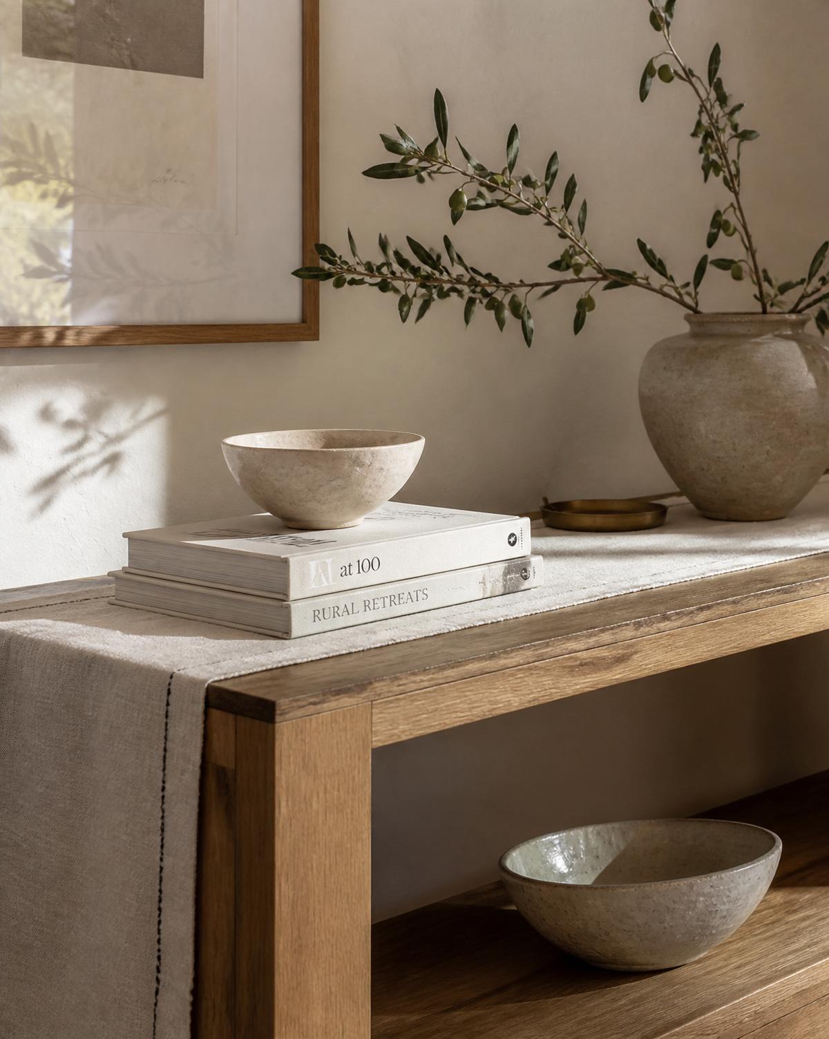 Oak console styled with linen runner, books, ceramic bowl and an olive branch