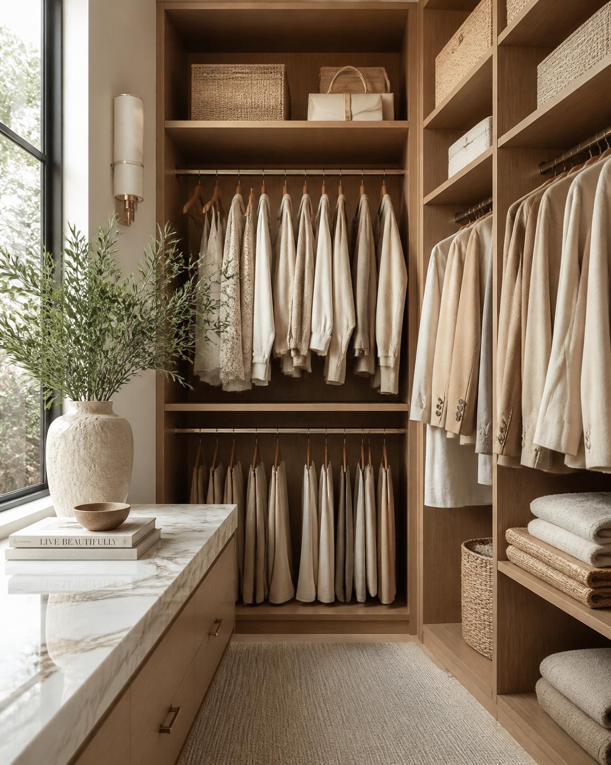 Styled walk-in closet with neutral clothing and marble bench