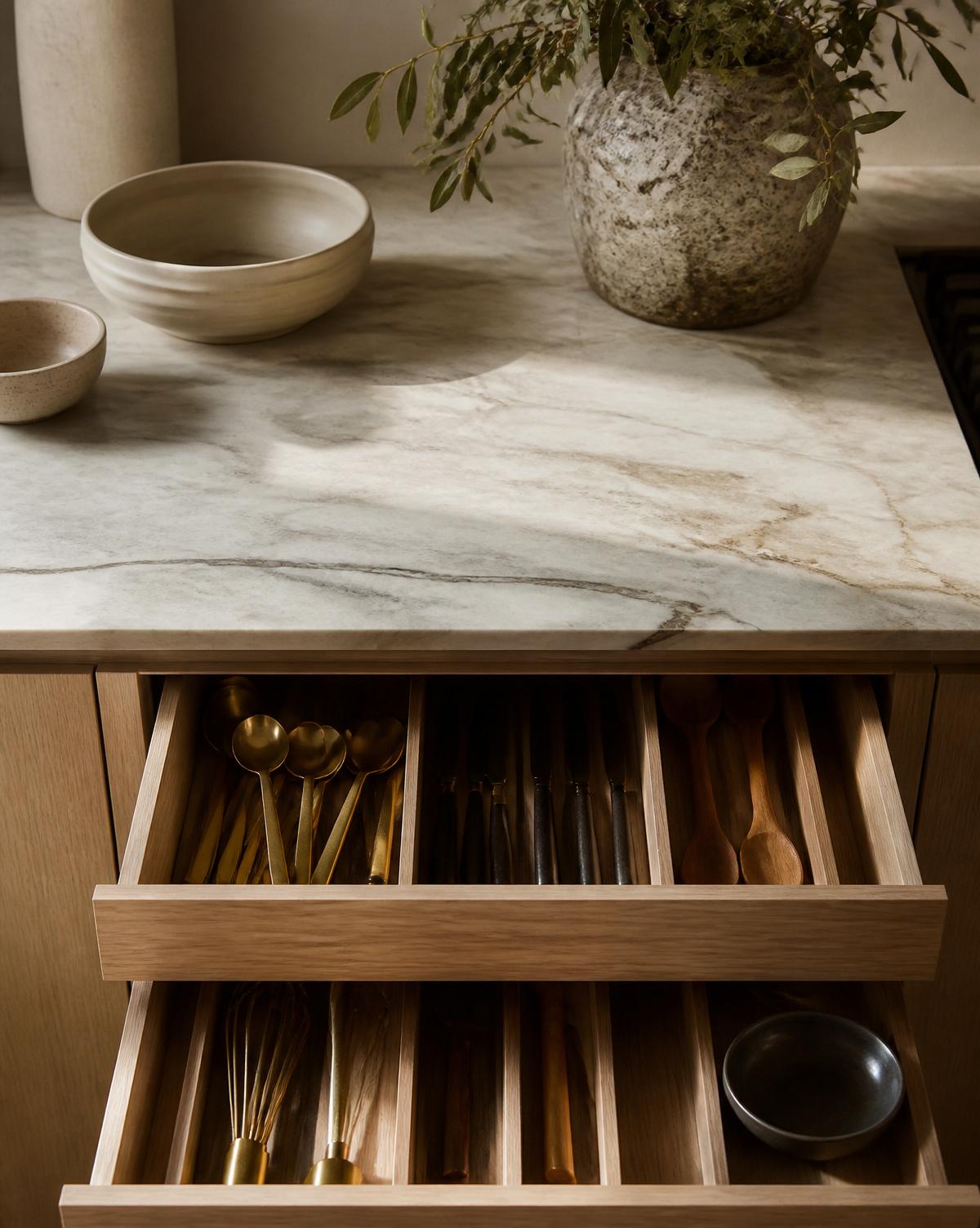 Marble kitchen counter with oak drawer dividers and organized utensils