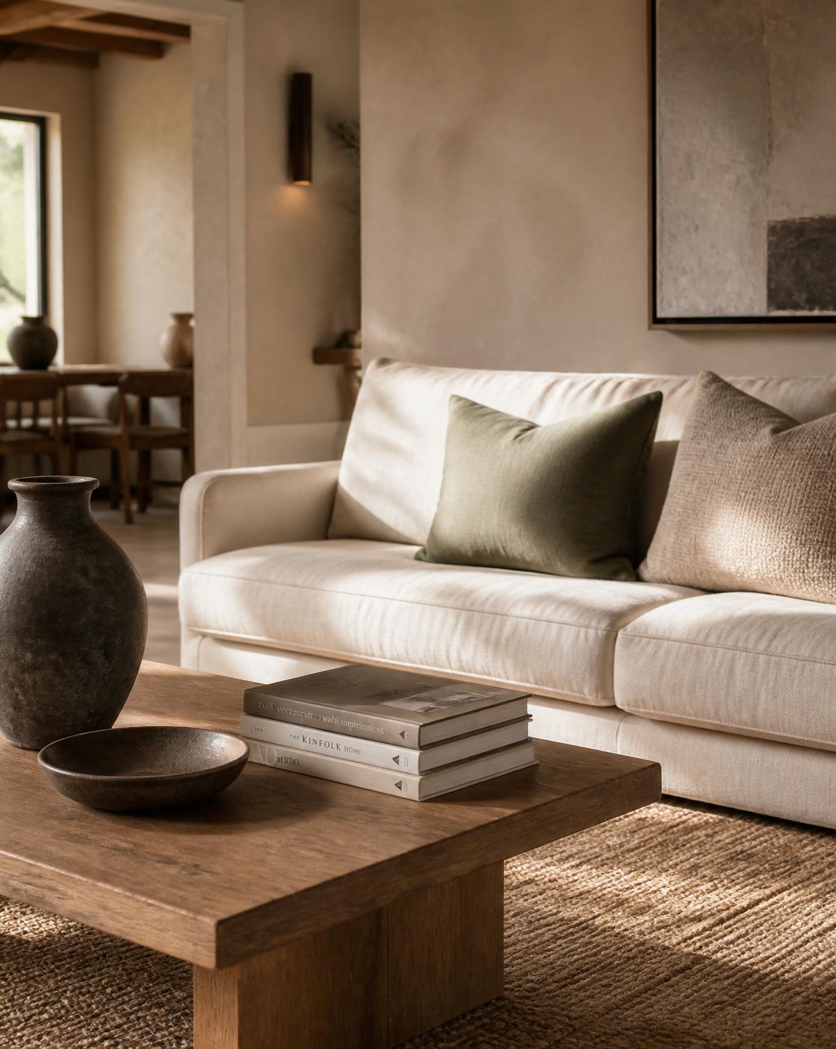 Warm living room with cream linen sofa and oak coffee table