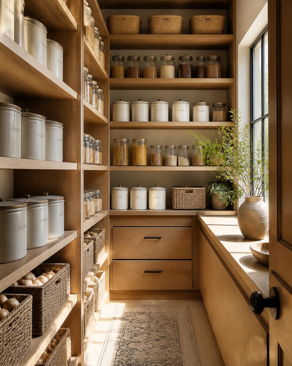 Organized oak pantry with glass jars, ceramic canisters and woven baskets