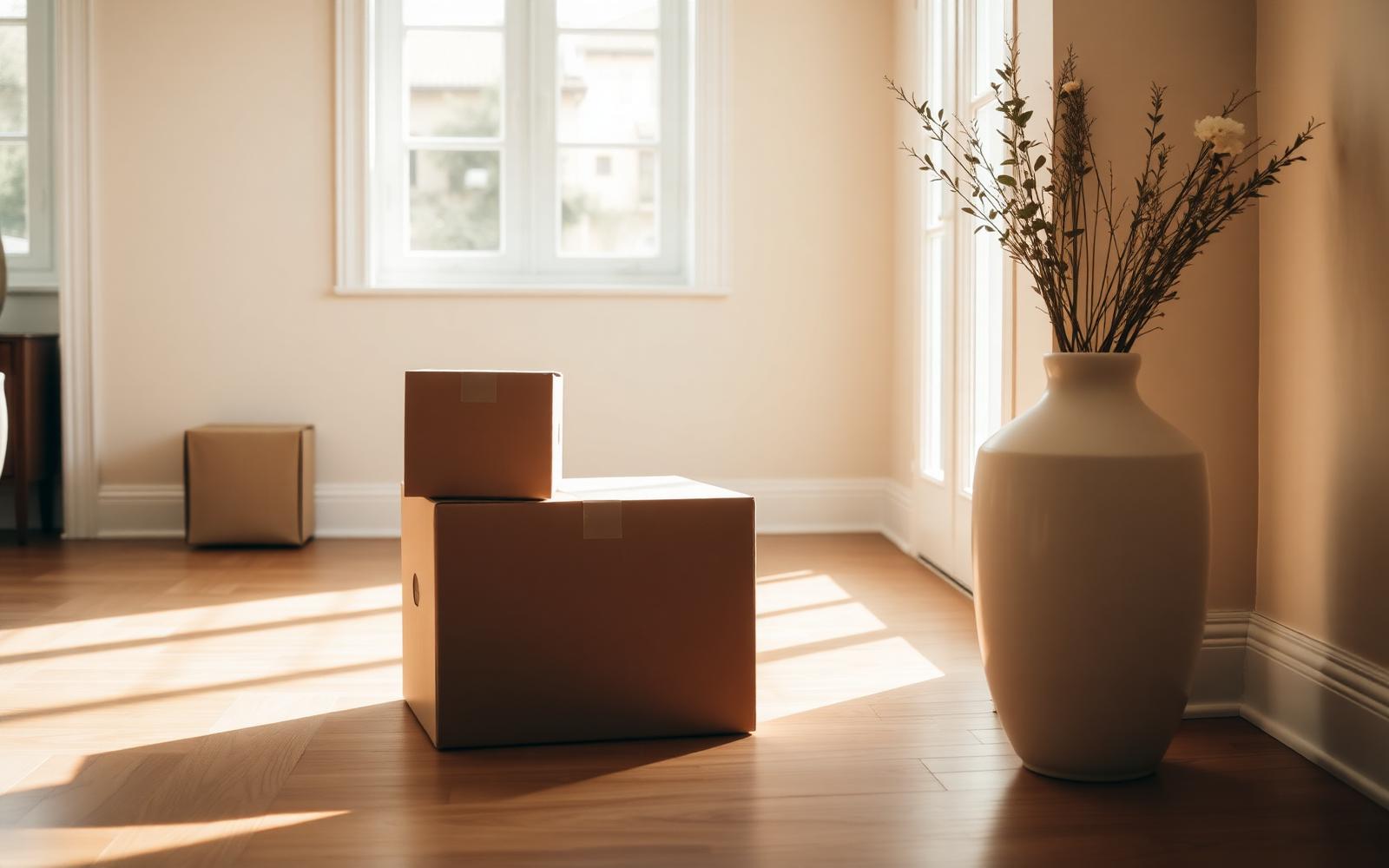Sunlit new home with neatly stacked moving boxes and a ceramic vase