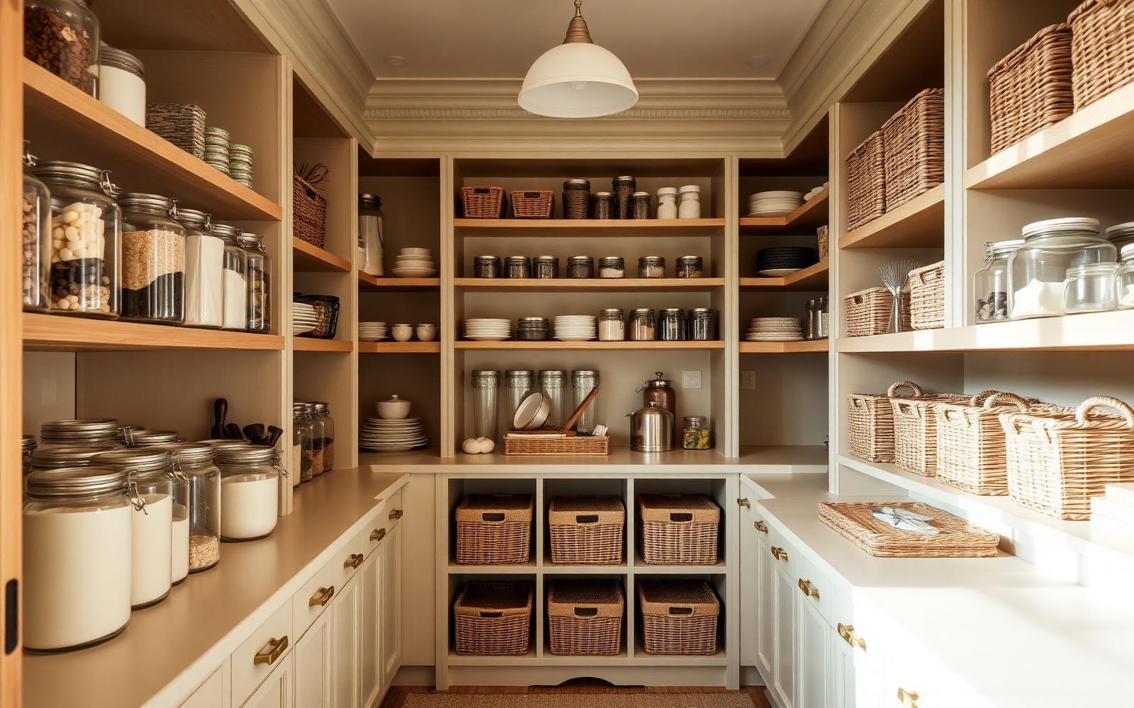 Elegantly organized pantry with oak shelving, glass jars and woven baskets