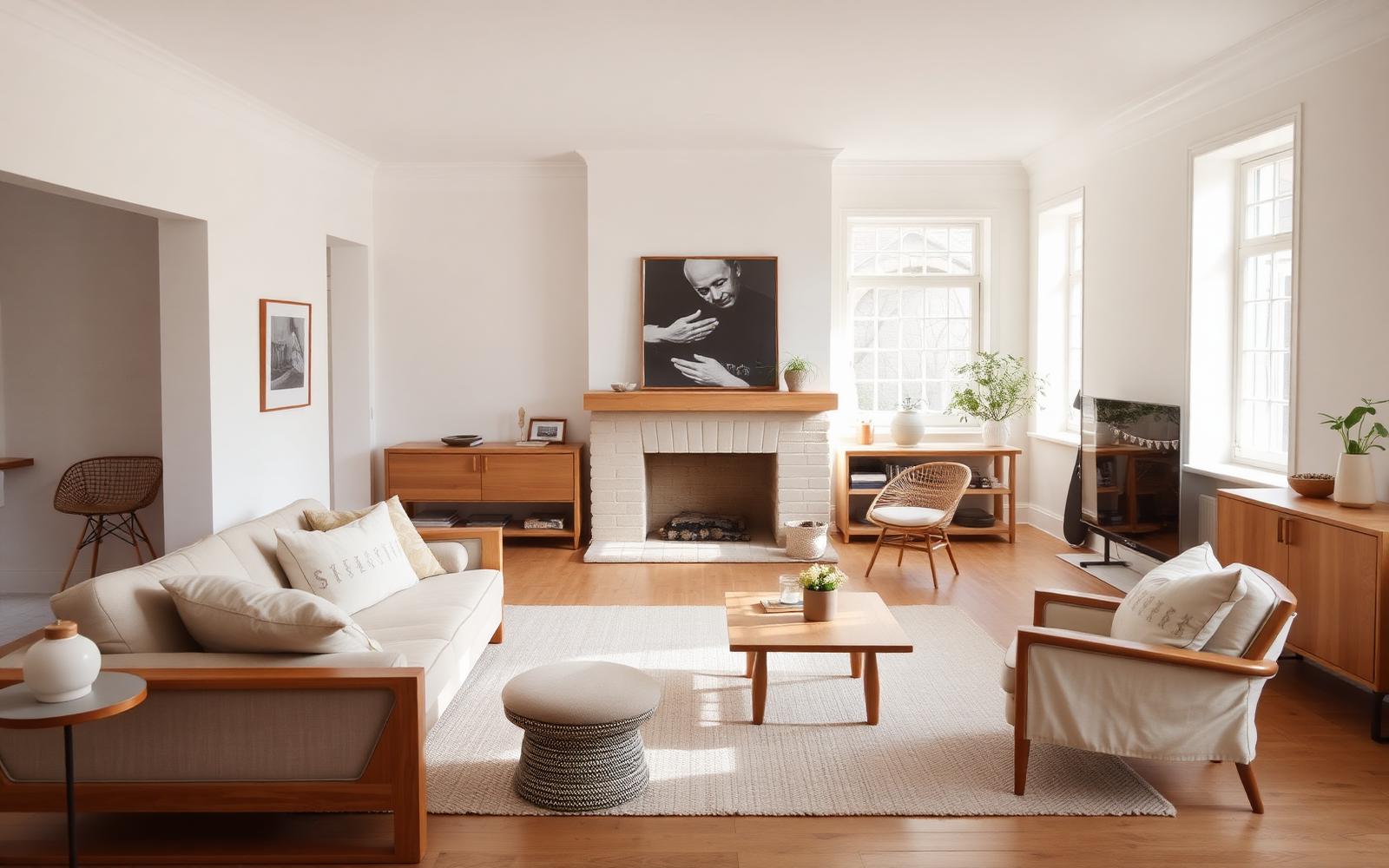Thoughtfully laid out living room with linen seating and oak furniture