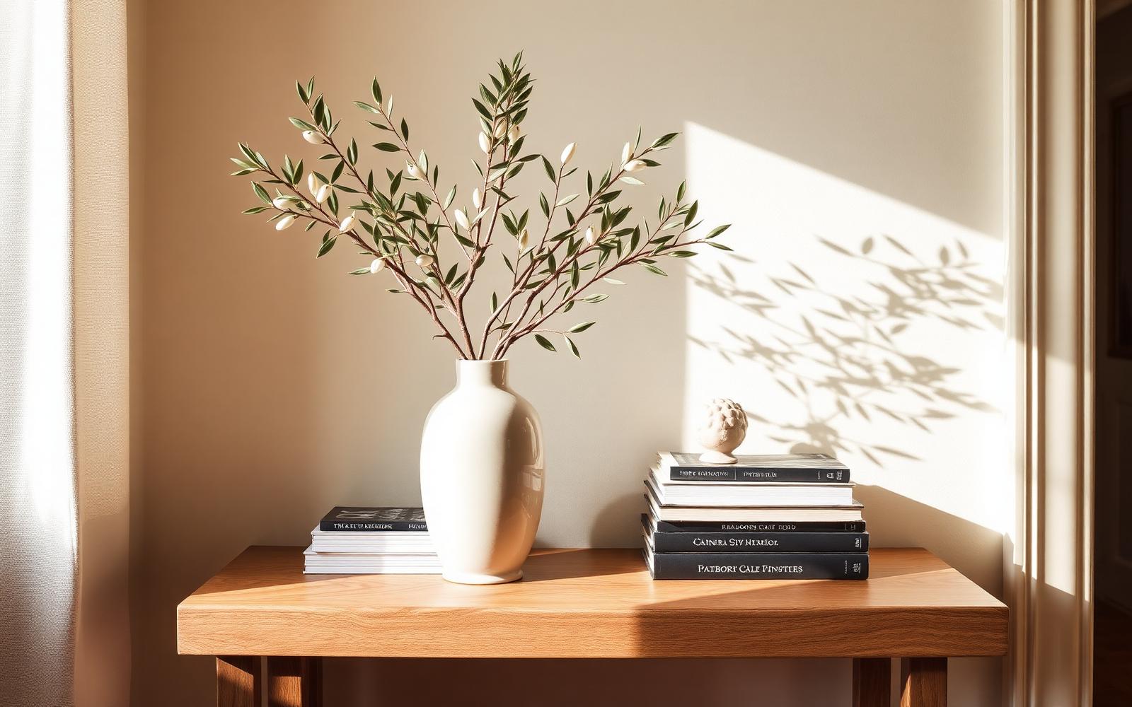 Styled oak console table with ceramic vase, olive branches and stacked books